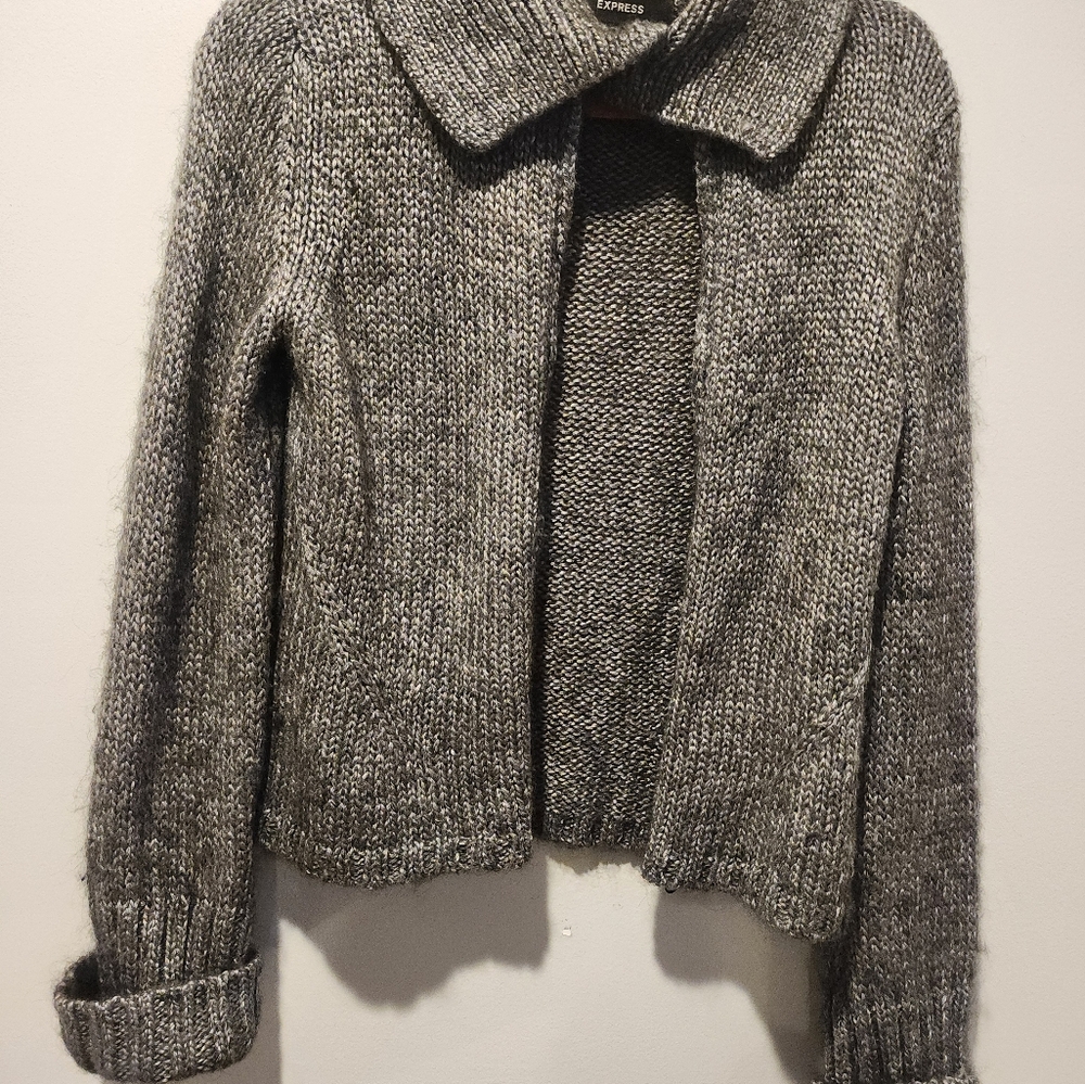 Express Vintage Gray Knit Sweater Jacket L Zipper Cropped Marled Wool Blend